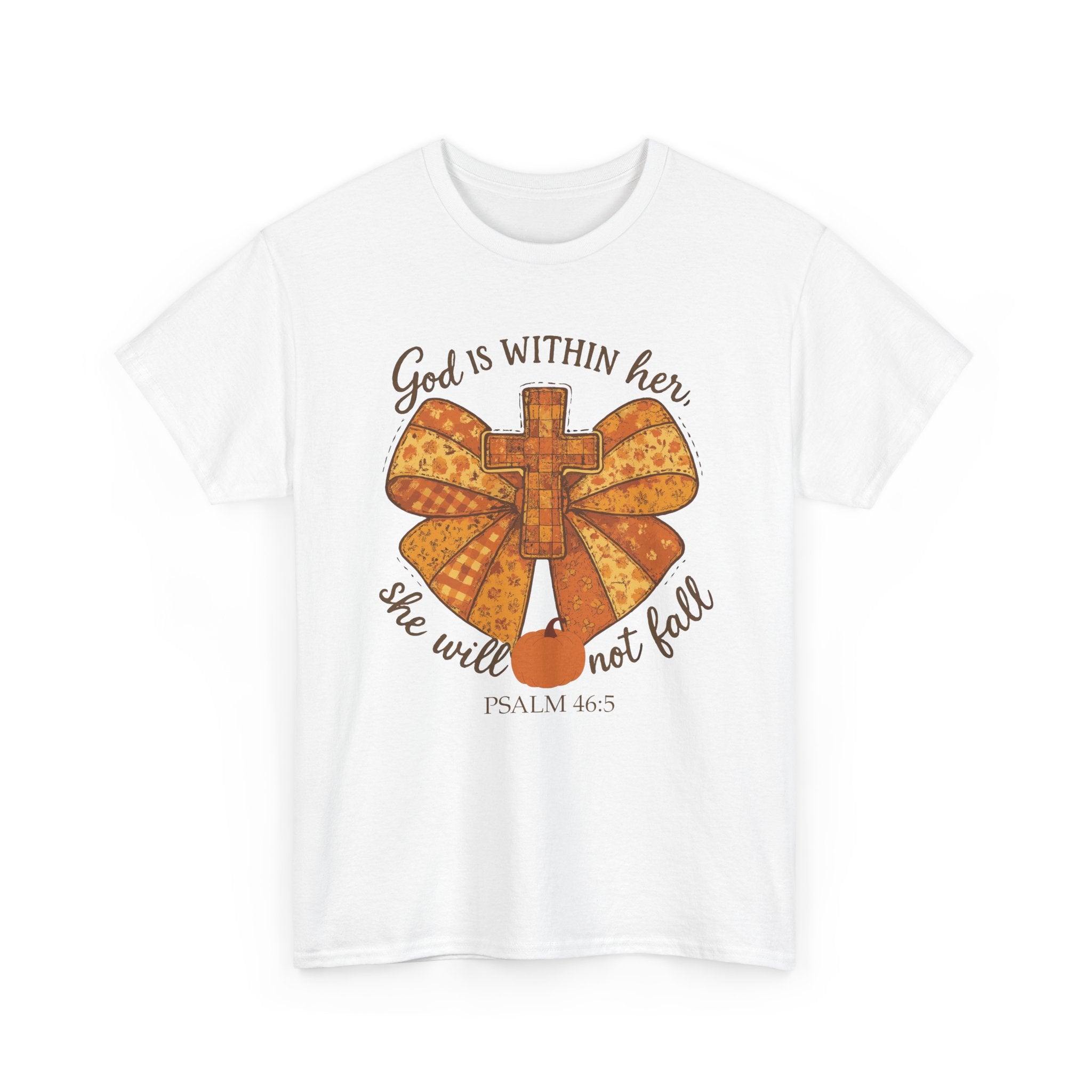 Psalm 46:5 Cross Patchwork Tee — Fall Bow Christian Unisex Cotton T-Shirt