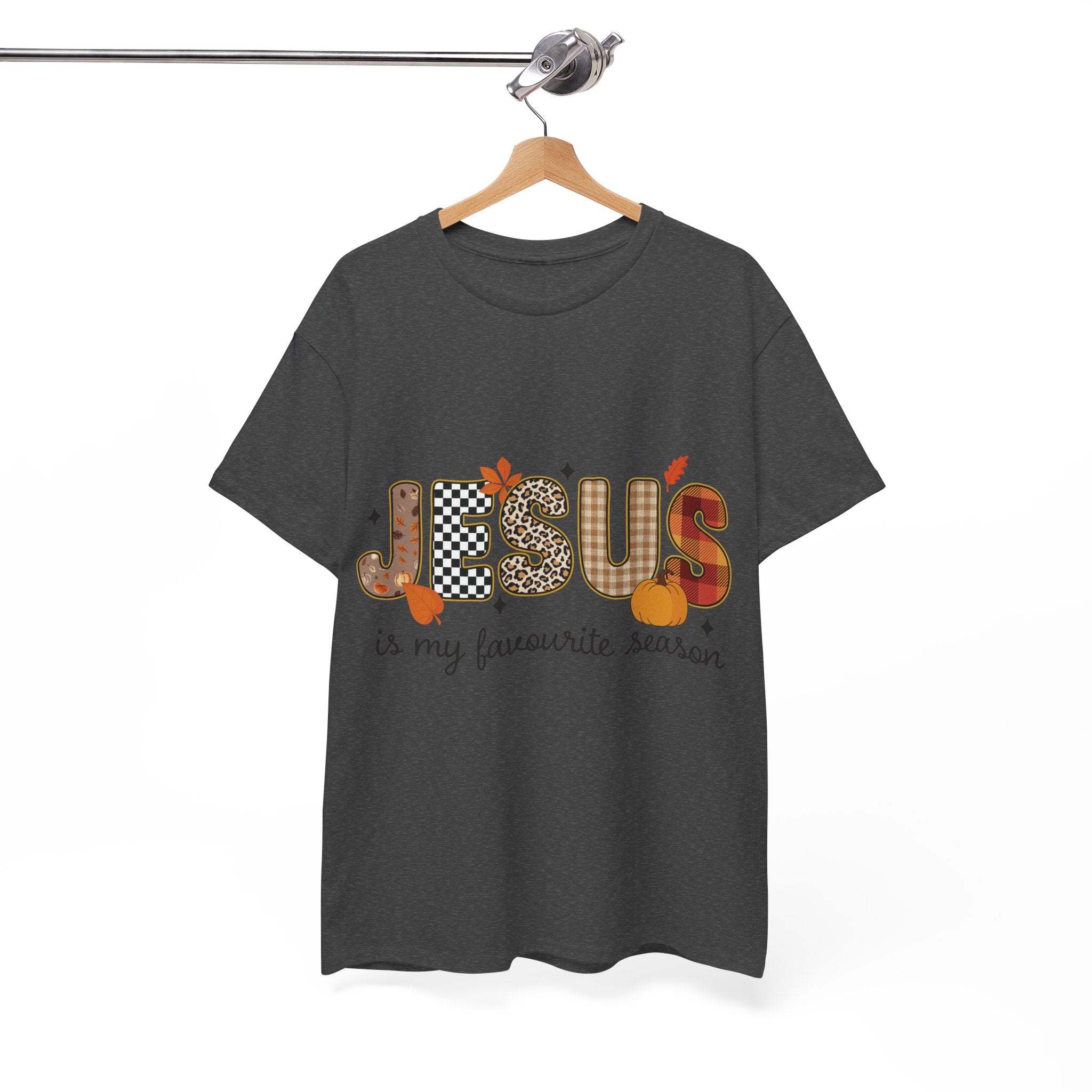 Jesus Is My Favorite Season Tee — Autumn Plaid & Leopard Lettering Unisex Cotton Tee