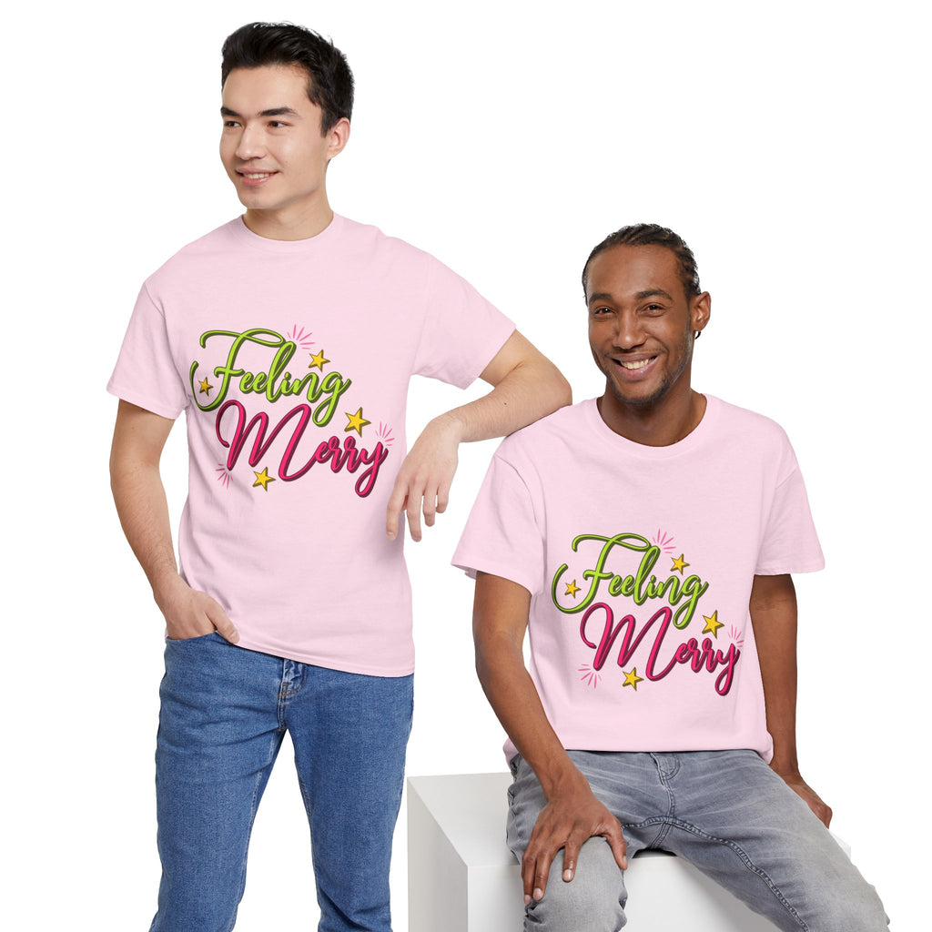Feeling Merry T-Shirt — Bright Green & Pink Holiday Tee with Stars.Unisex Cotton Tee