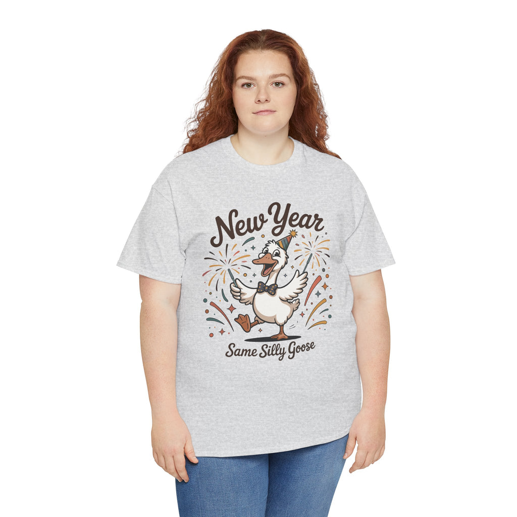 Happy Goose New Year T-Shirt — Party Hat, Fireworks & Confetti Unisex Cotton Tee