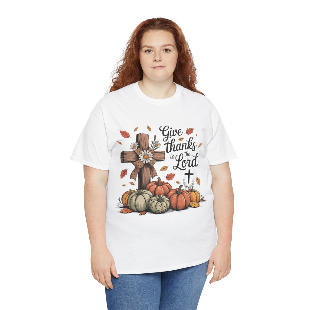 Give Thanks to the Lord Autumn Tee — Wooden Cross, Pumpkins & Daisies..Unisex Cotton Tee