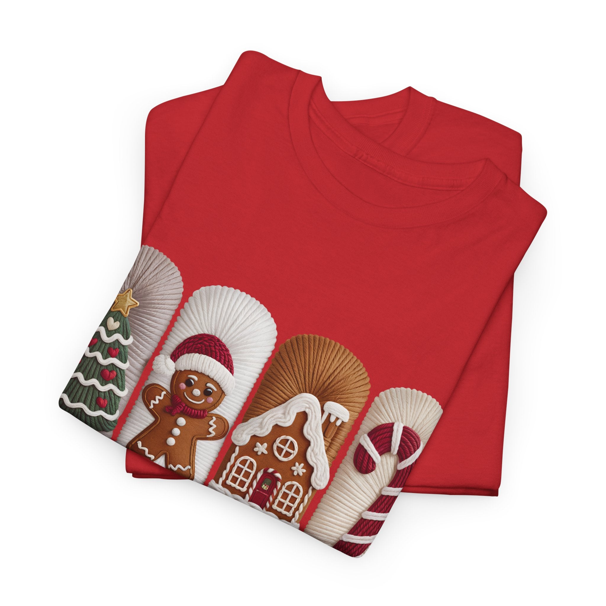 Christmas Faux-Yarn Tree Tee — Gingerbread House & Candy Cane Holiday Unisex Cotton T-Shirt