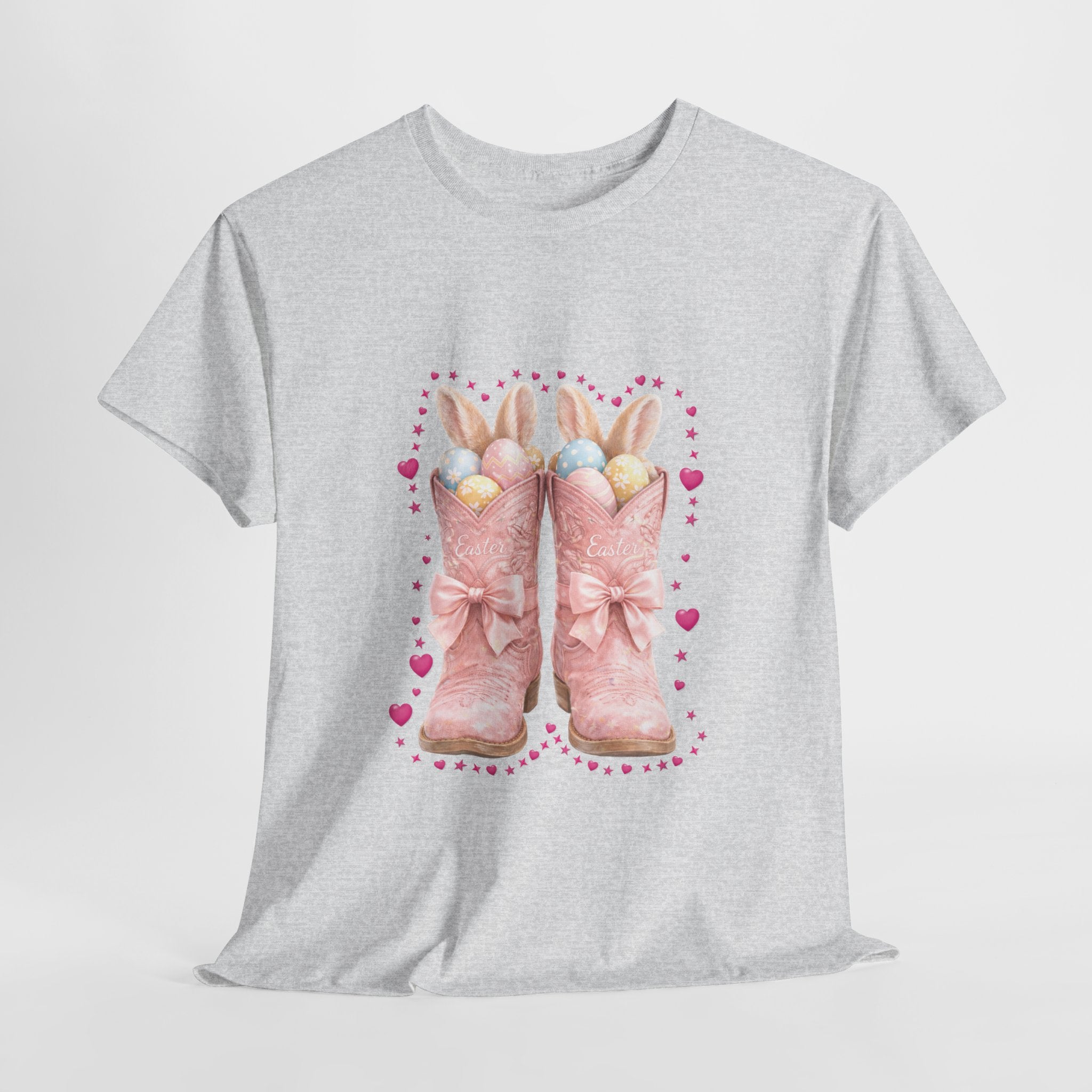 Easter Pink Western Boots Tee — Pastel Bunny Eggs & Bows Unisex Cotton Tee