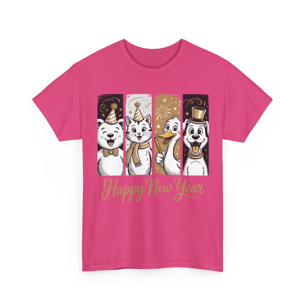 Happy New Year Party Animals T-Shirt — Cute Smiling Animals in Party Hats & Gold Fireworks..Unisex Cotton Tee