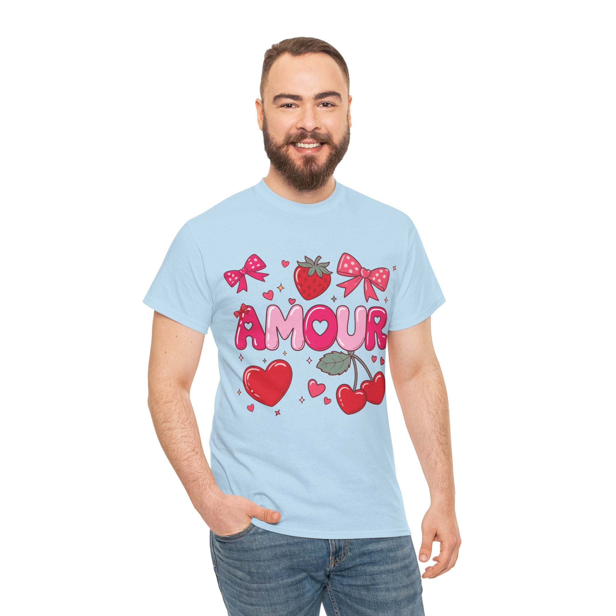 Amour Pink Hearts Tee — Shiny Lettering with Bows, Cherries & Strawberry Accent...Unisex Cotton Tee