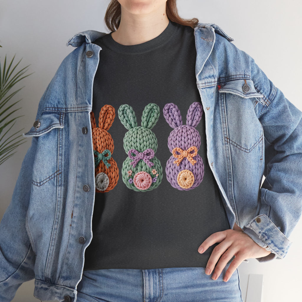 Pastel Crochet Bunny Tee — Trio of Faux Knit Bunnies with Bows & Flowers Unisex Cotton Tee