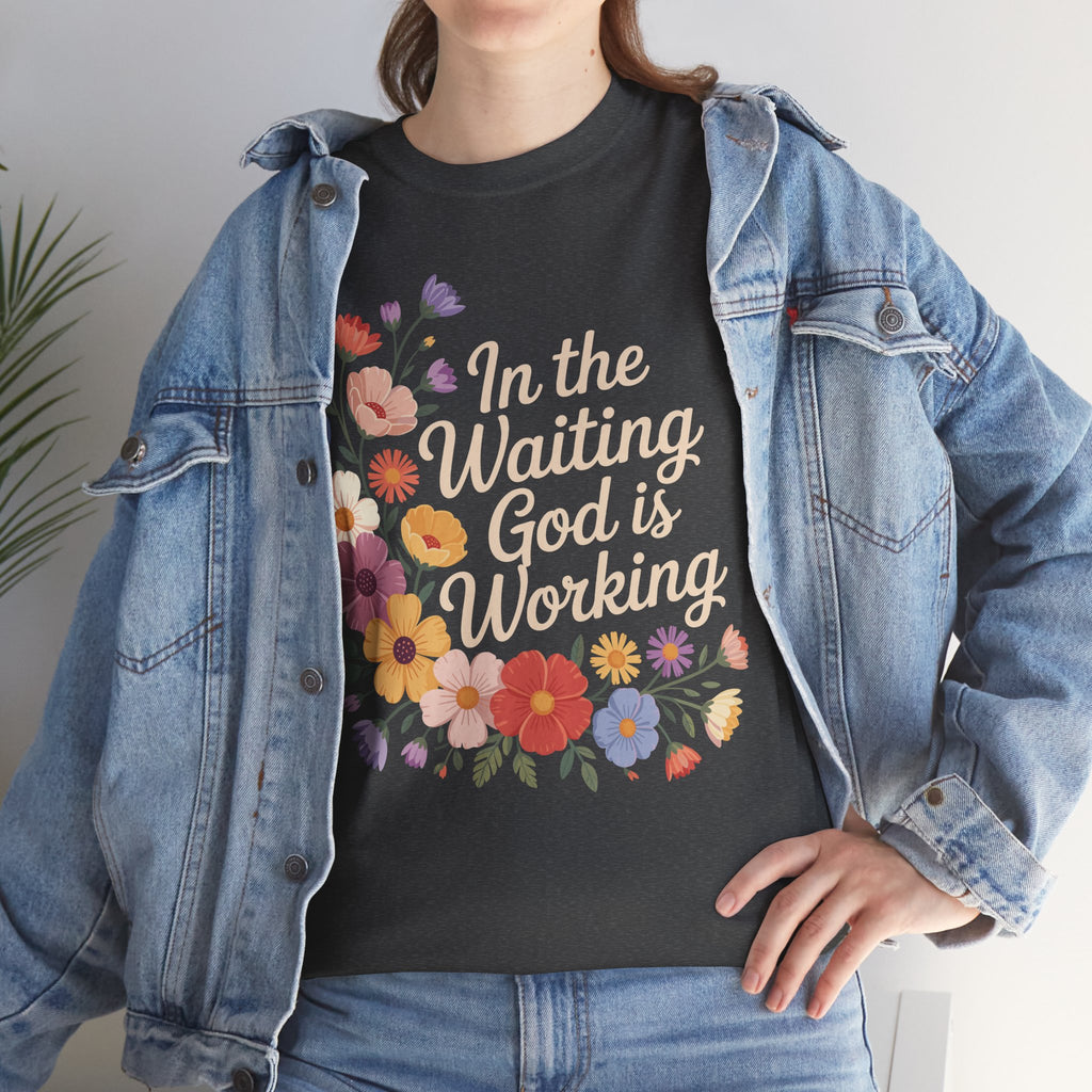 Pastel Floral “In the Waiting God Is Working” Unisex Cotton T-Shirt