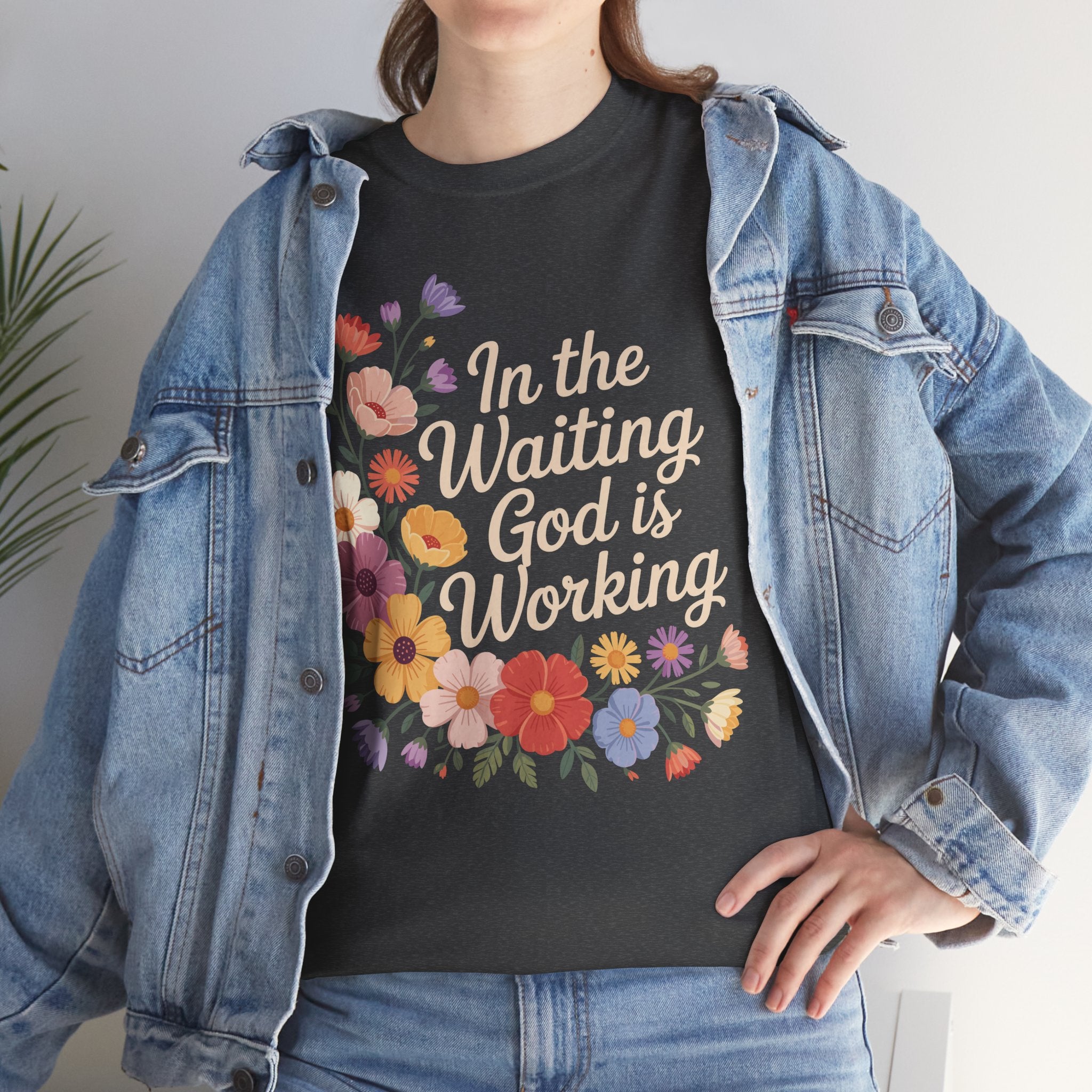 Pastel Floral “In the Waiting God Is Working” Unisex Cotton T-Shirt