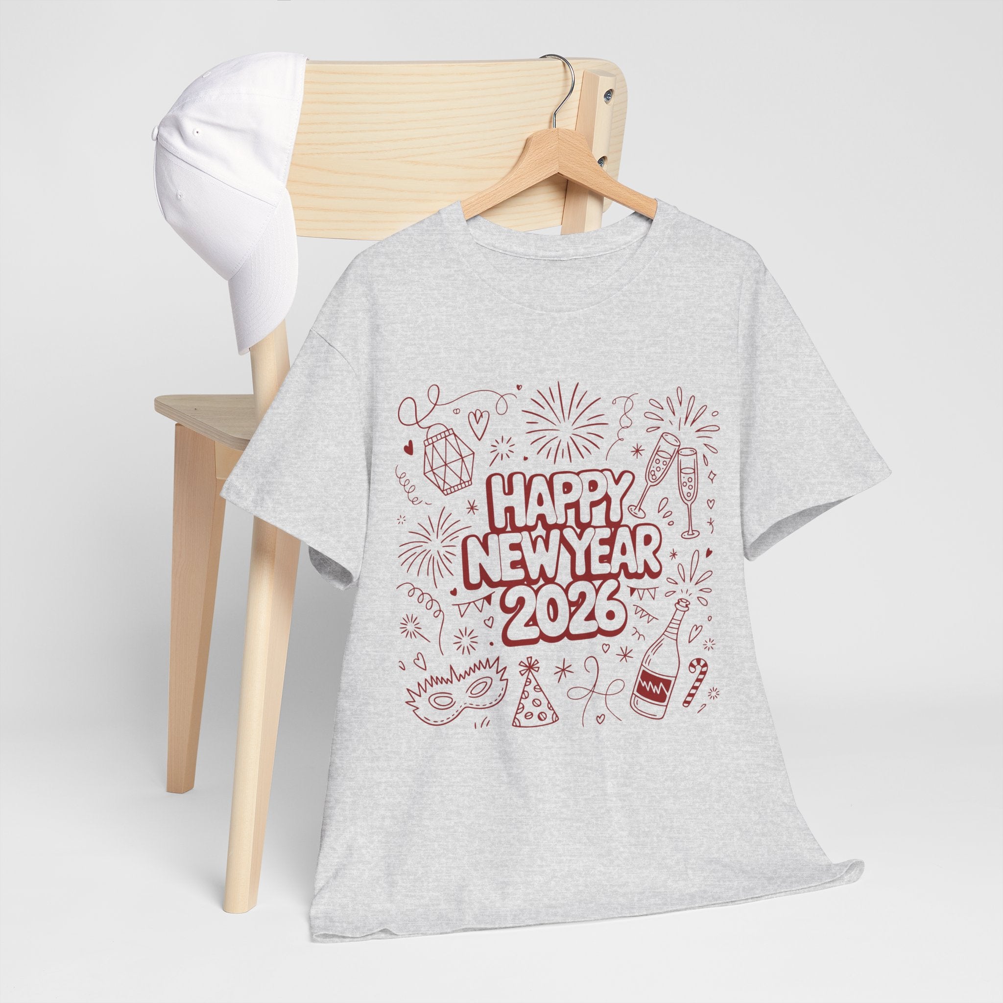 Happy New Year 2026 Doodle T-Shirt — Pink Party Icons & Champagne Unisex Cotton Tee