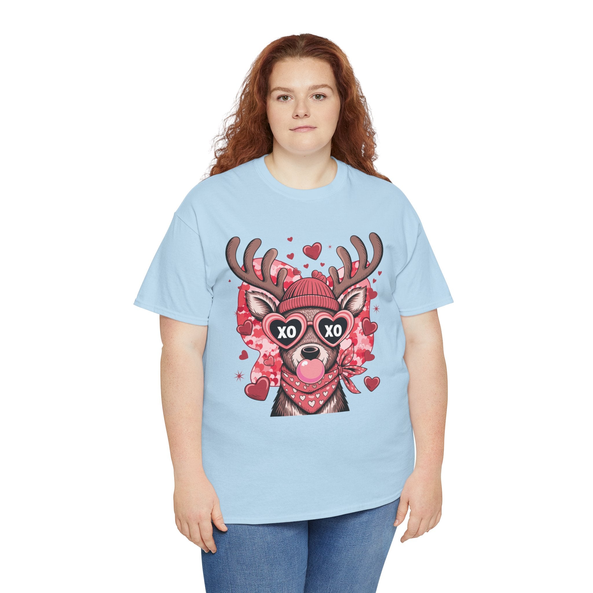 Valentine Deer Tee — Cute XO Heart Glasses, Beanie & Scarf Unisex Cotton Tshirt