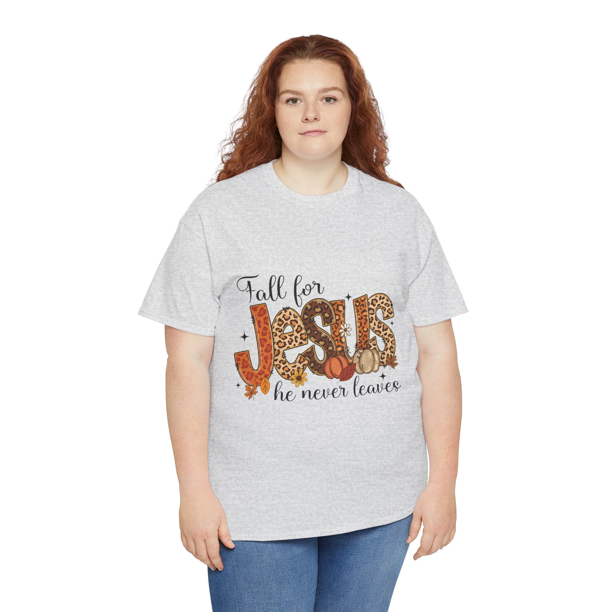 JESUS Leopard Print Fall T-Shirt — Pumpkins, Leaves & Floral Christian Unisex Cotton Tee