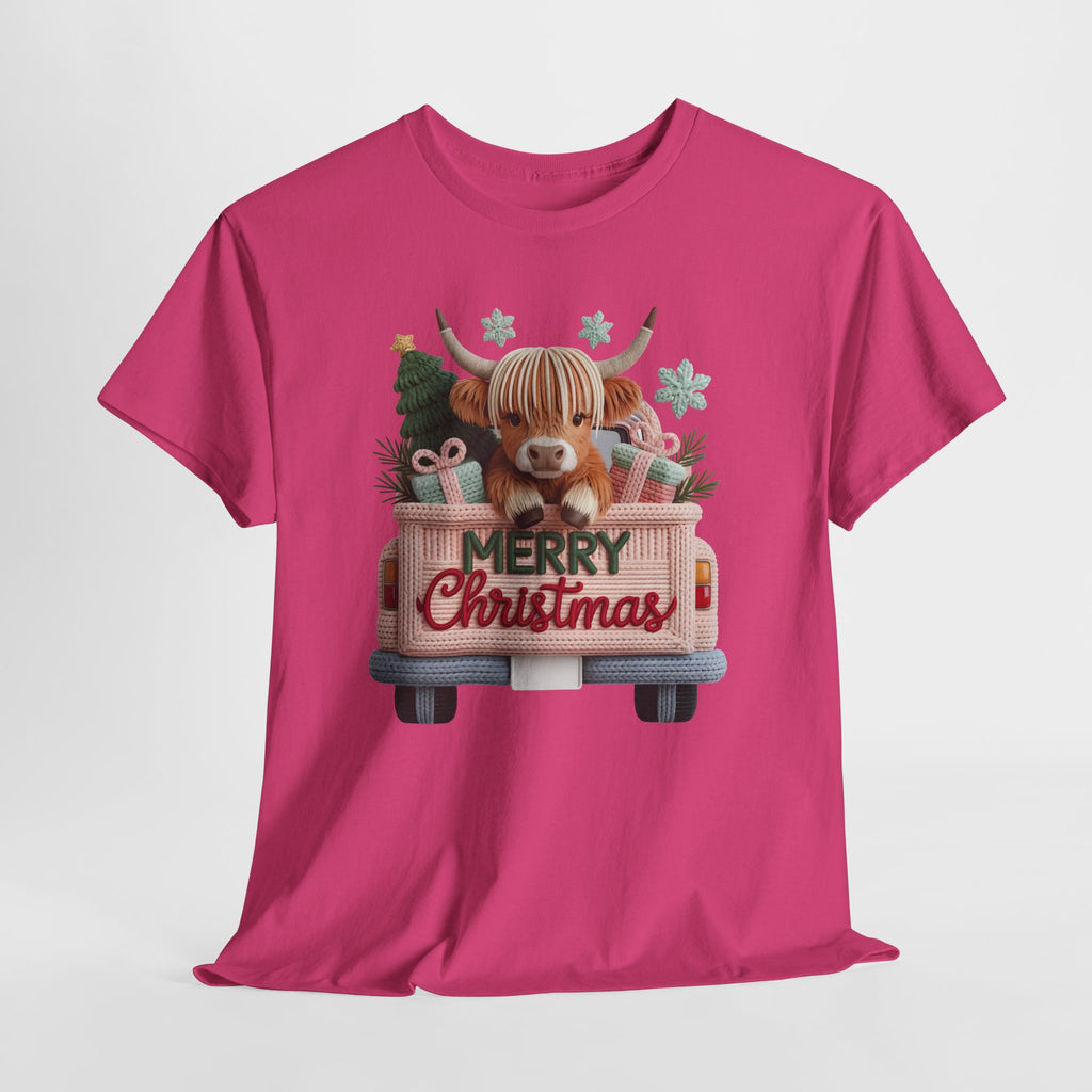 Merry Christmas Highland Cow Knit Truck Unisex Cotton T-Shirt