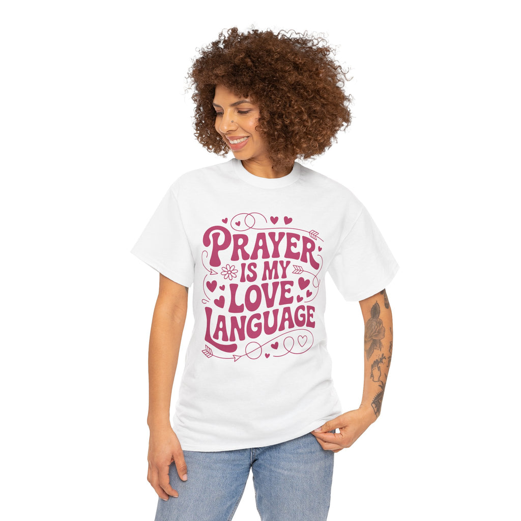 Prayer Is My Love Language Christian Tee — Pastel Pink Hearts Unisex Cotton Tee