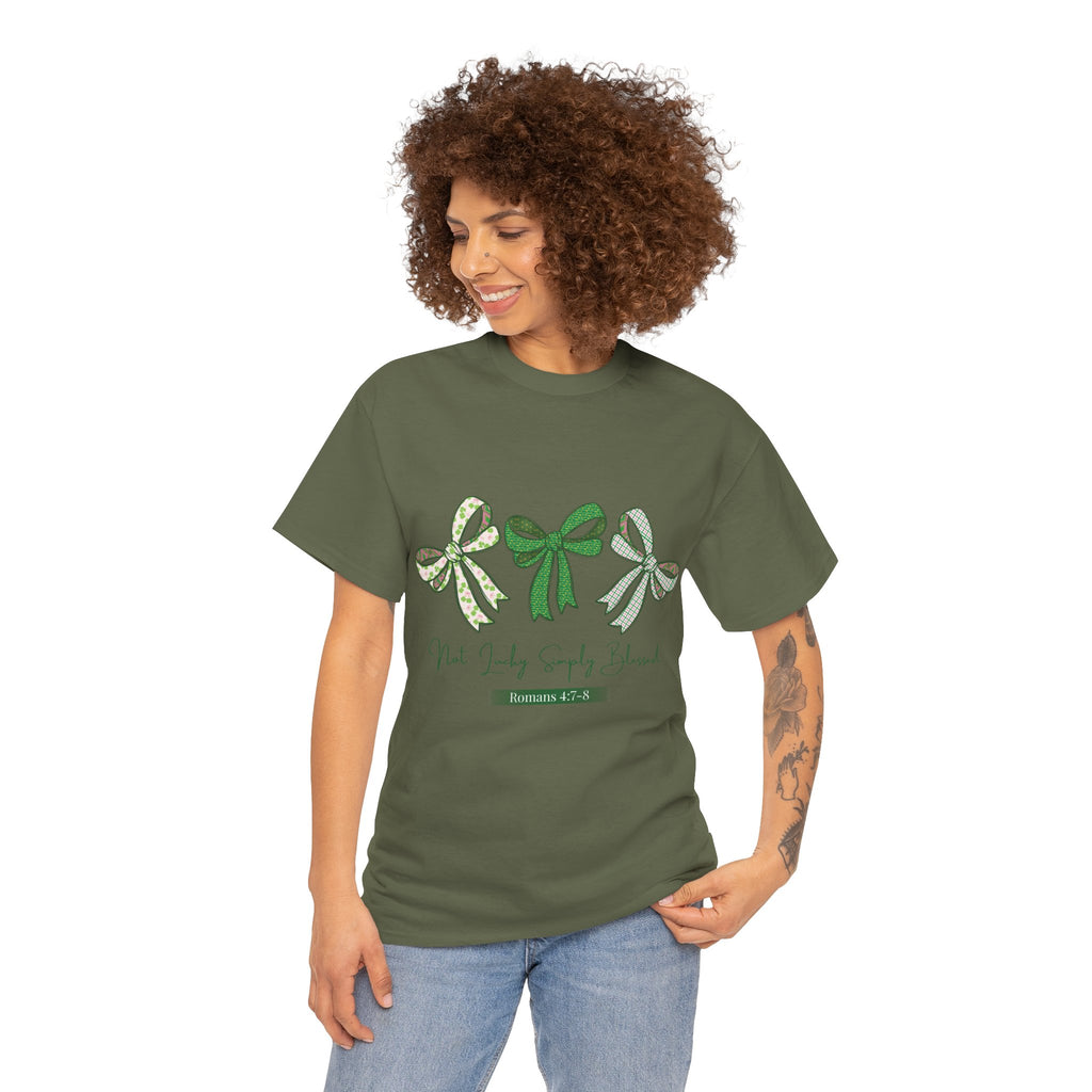 Not Lucky Simply Blessed Tee — Romans 4:7-8 Green Bow Christian Unisex Cotton T-Shirt