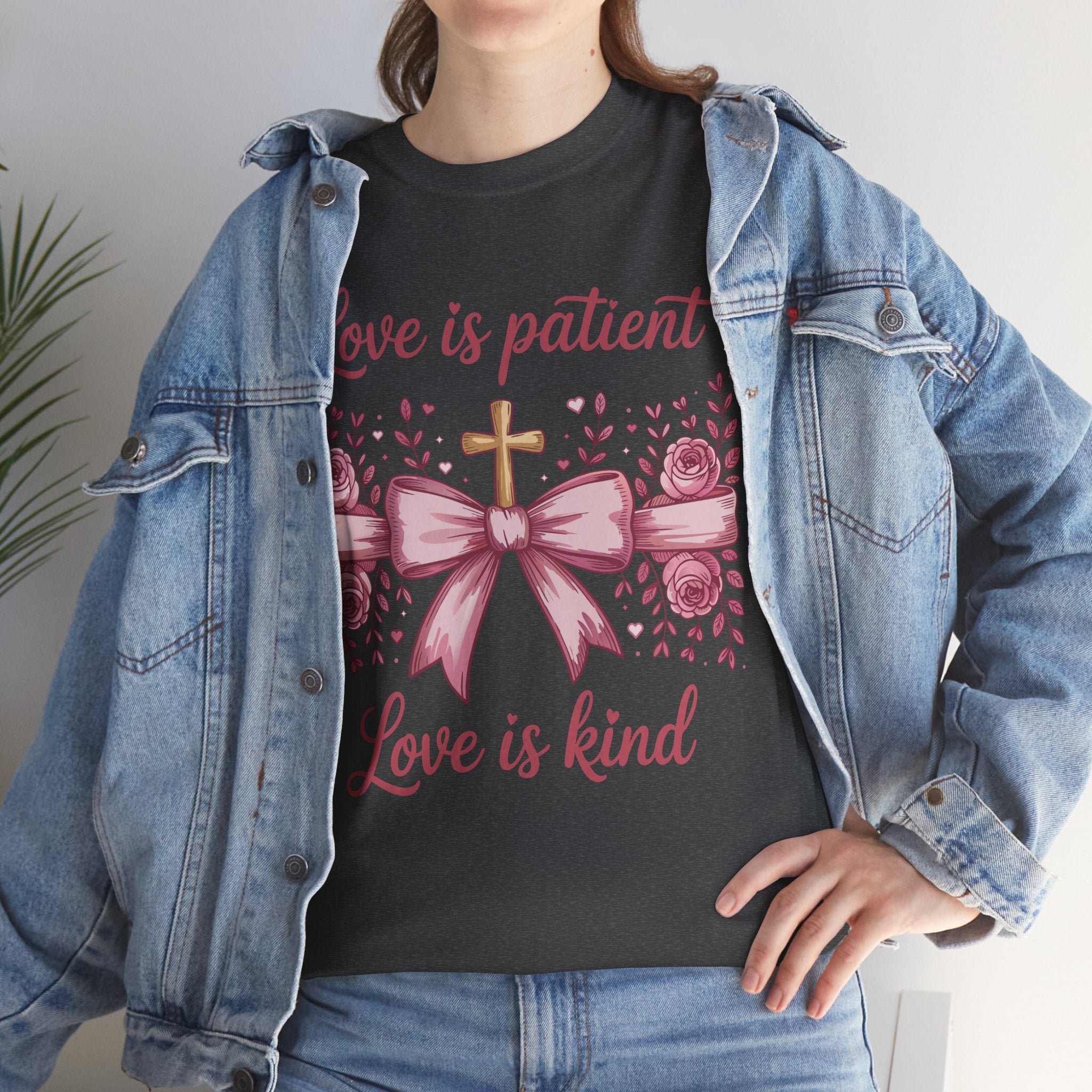 Christian Floral Tee — "Love is Patient, Love is Kind" Pink Rose Cross. Unisex Cotton Tee