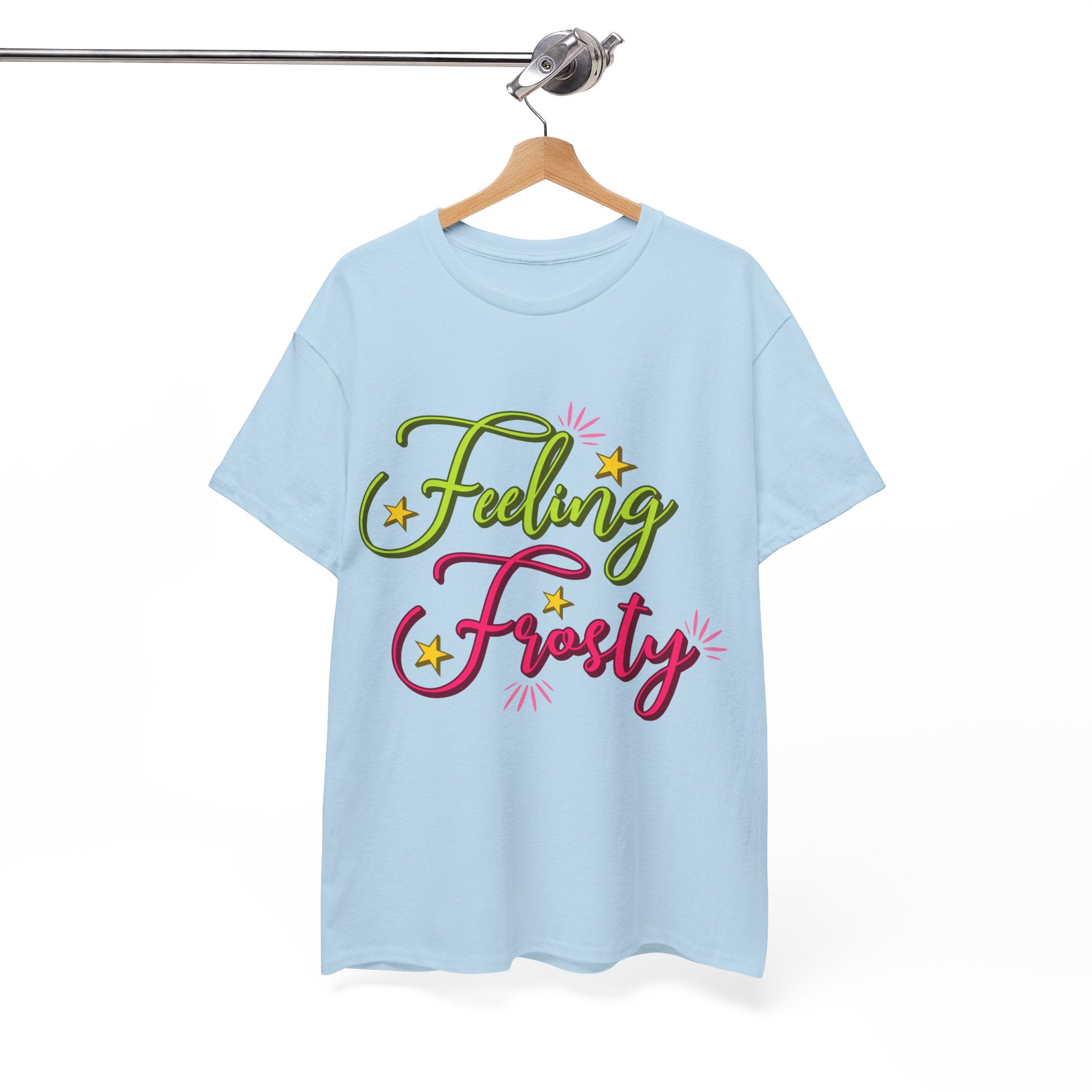 Feeling Frosty Holiday T-Shirt — Green & Pink Script Stars.Unisex Cotton Tee