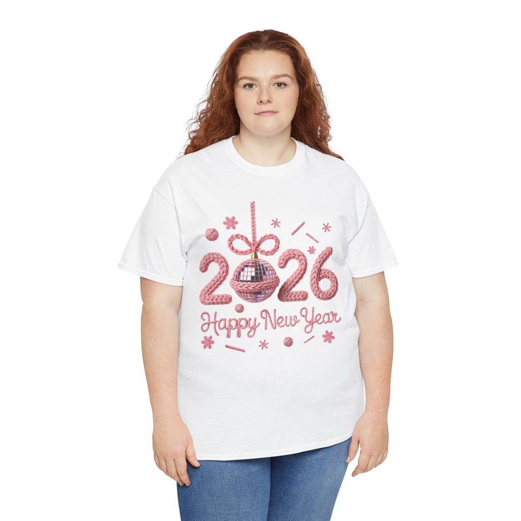 2026 Happy New Year Pink Knitted Disco Ball Unisex Cotton Tee