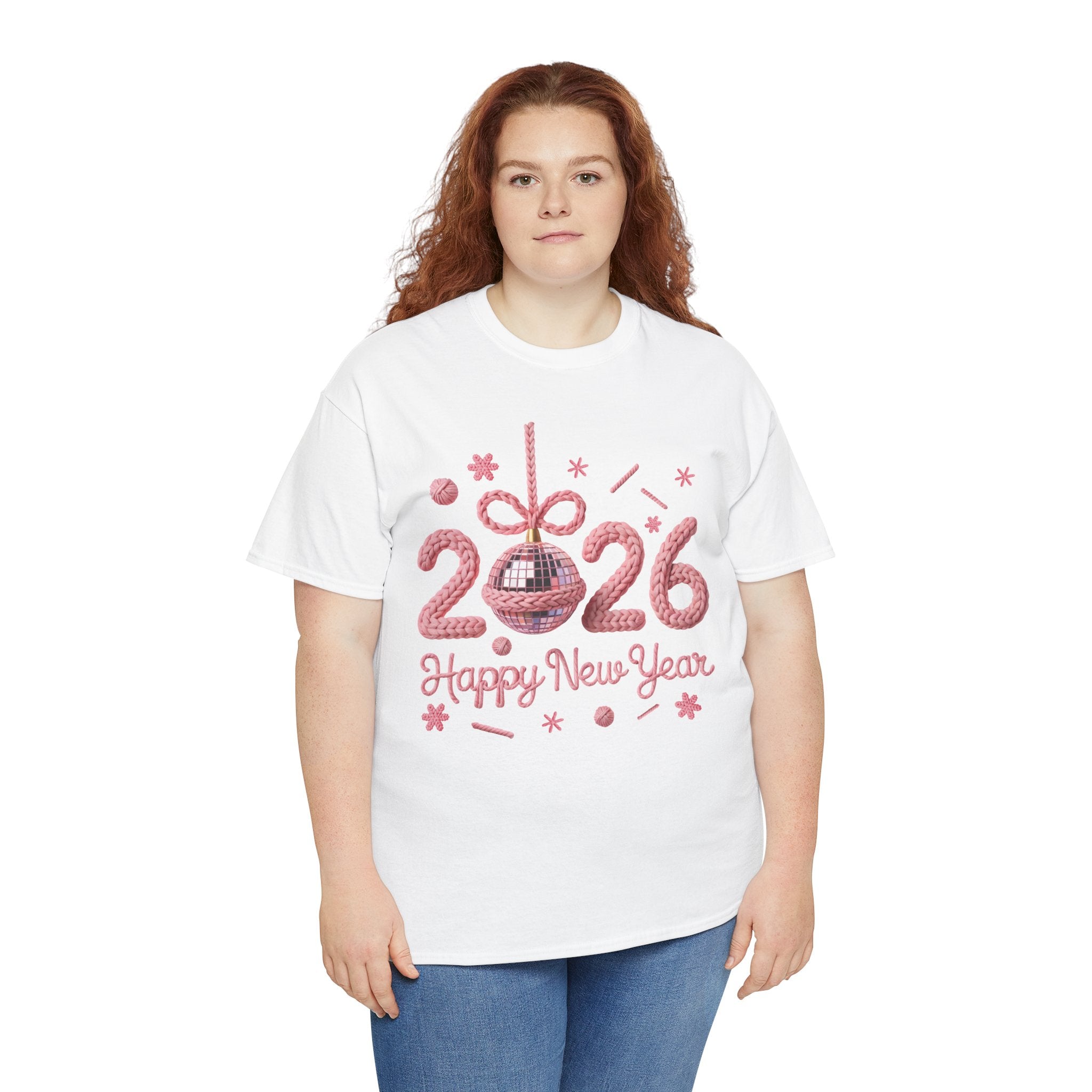 2026 Happy New Year Pink Knitted Disco Ball Unisex Cotton Tee