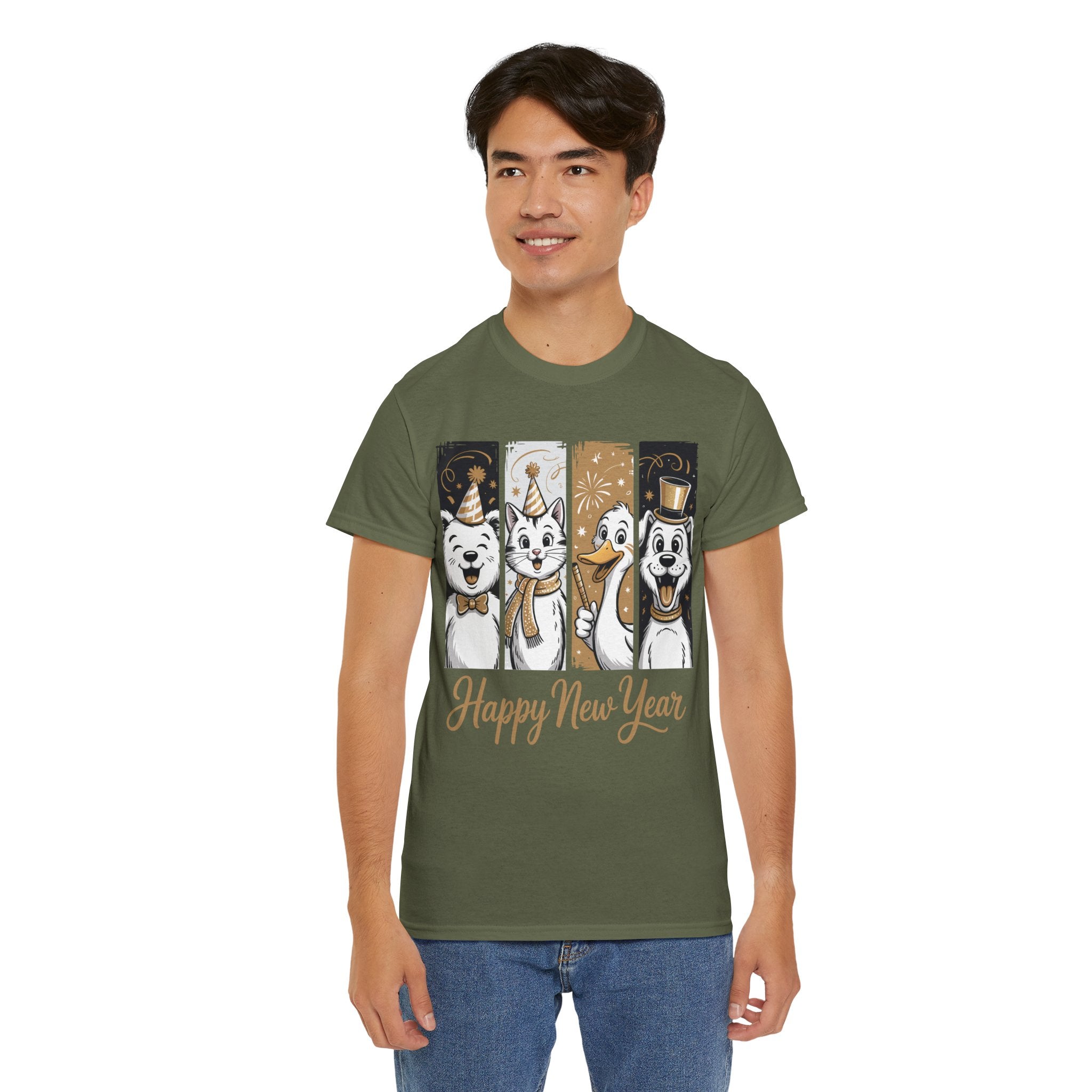 Happy New Year Party Animals T-Shirt — Cute Smiling Animals in Party Hats & Gold Fireworks..Unisex Cotton Tee