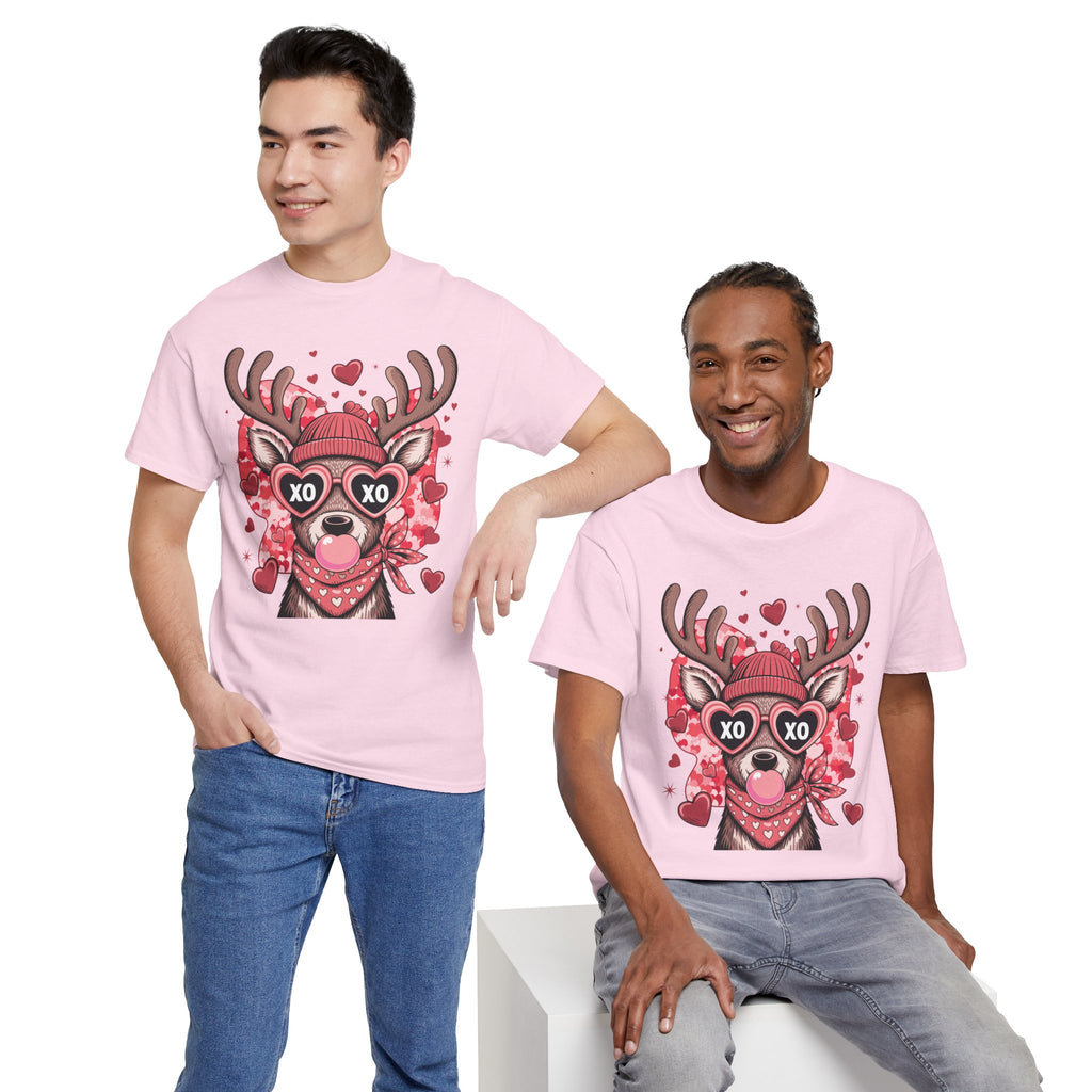 Valentine Deer Tee — Cute XO Heart Glasses, Beanie & Scarf Unisex Cotton Tshirt