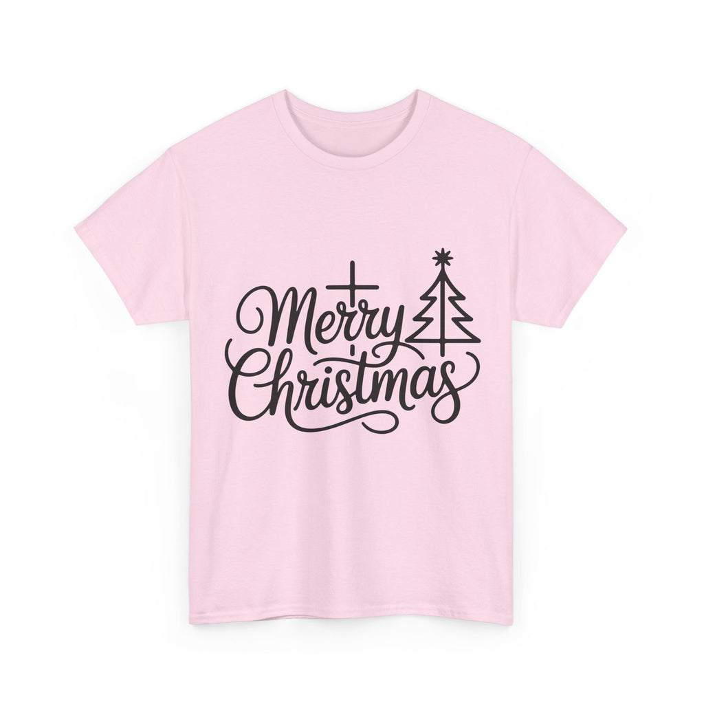 Merry Christmas Script T-Shirt with Cross & Tree(Unisex Cotton Tee)