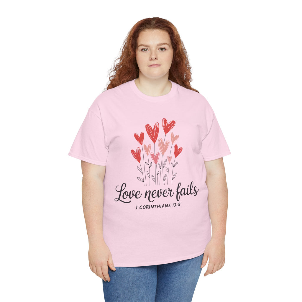 Christian Valentine T-Shirt — "Love Never Fails" (1 Corinthians 13:8) Unisex Cotton Tee
