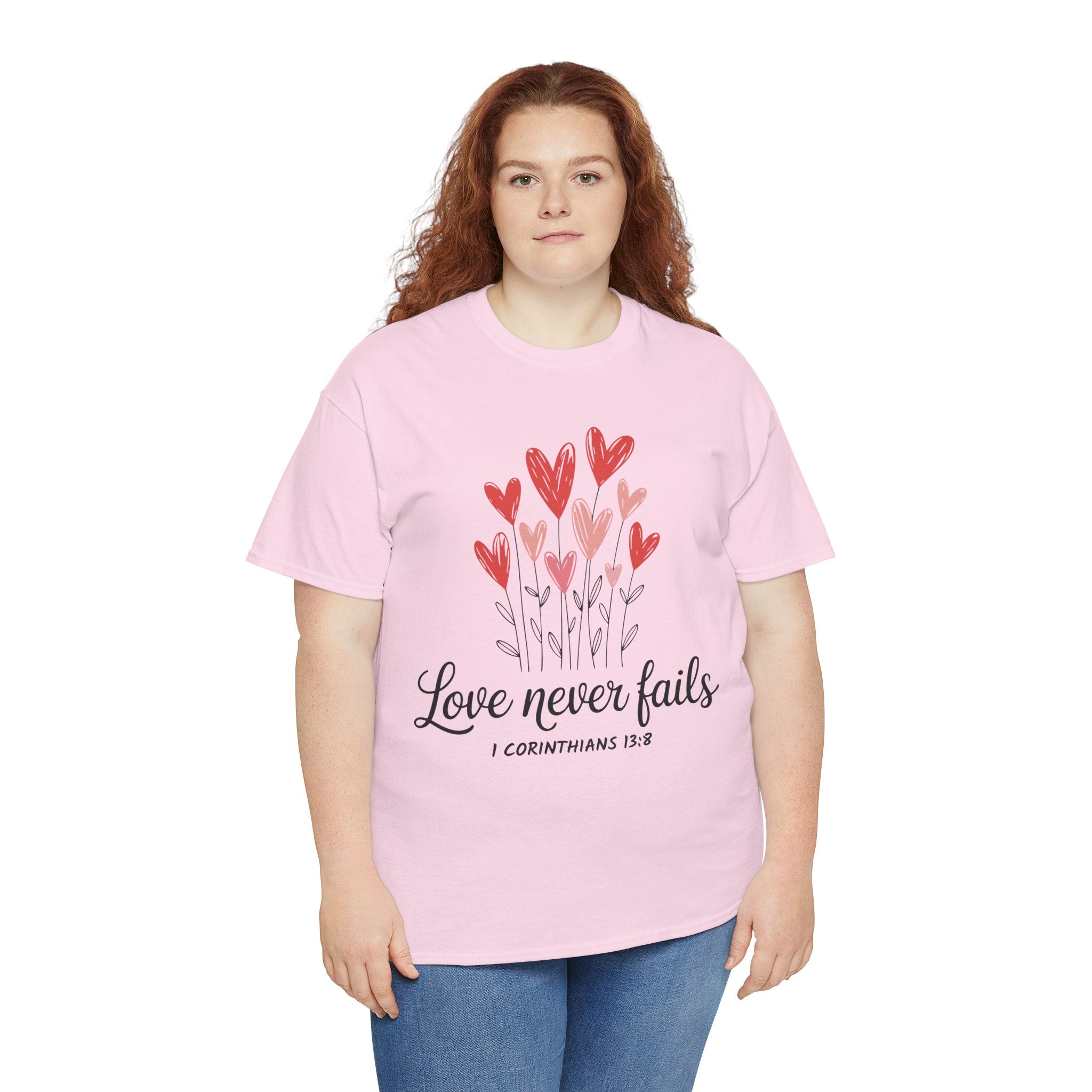 Christian Valentine T-Shirt — "Love Never Fails" (1 Corinthians 13:8) Unisex Cotton Tee
