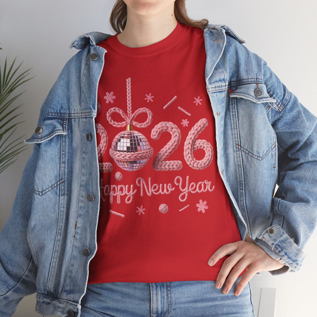 2026 Happy New Year Pink Knitted Disco Ball Unisex Cotton Tee