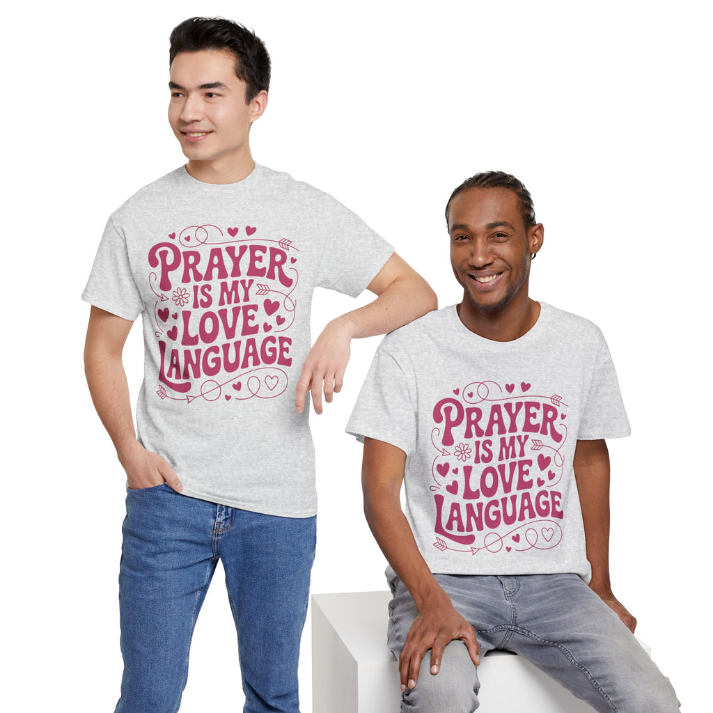 Prayer Is My Love Language Christian Tee — Pastel Pink Hearts Unisex Cotton Tee