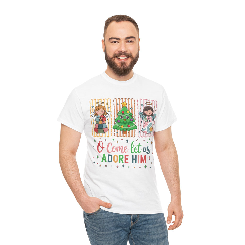 O Come Let Us Adore Him Christmas Tee — Smiling Angels & Happy Tree..Unisex Cotton Tee