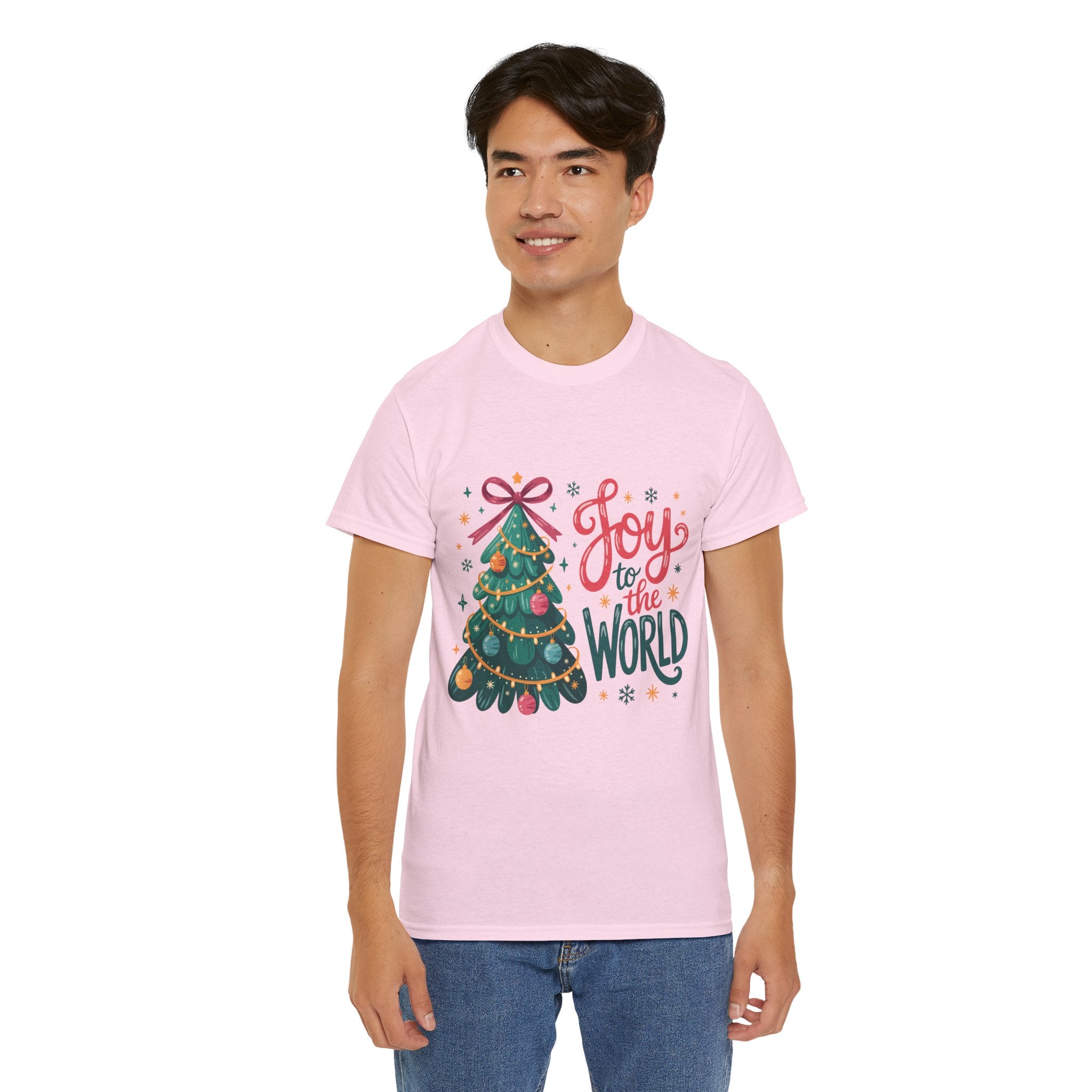 Joy to the World Christmas Tee — Festive Tree with Pink Bow..Unisex Cotton Tee