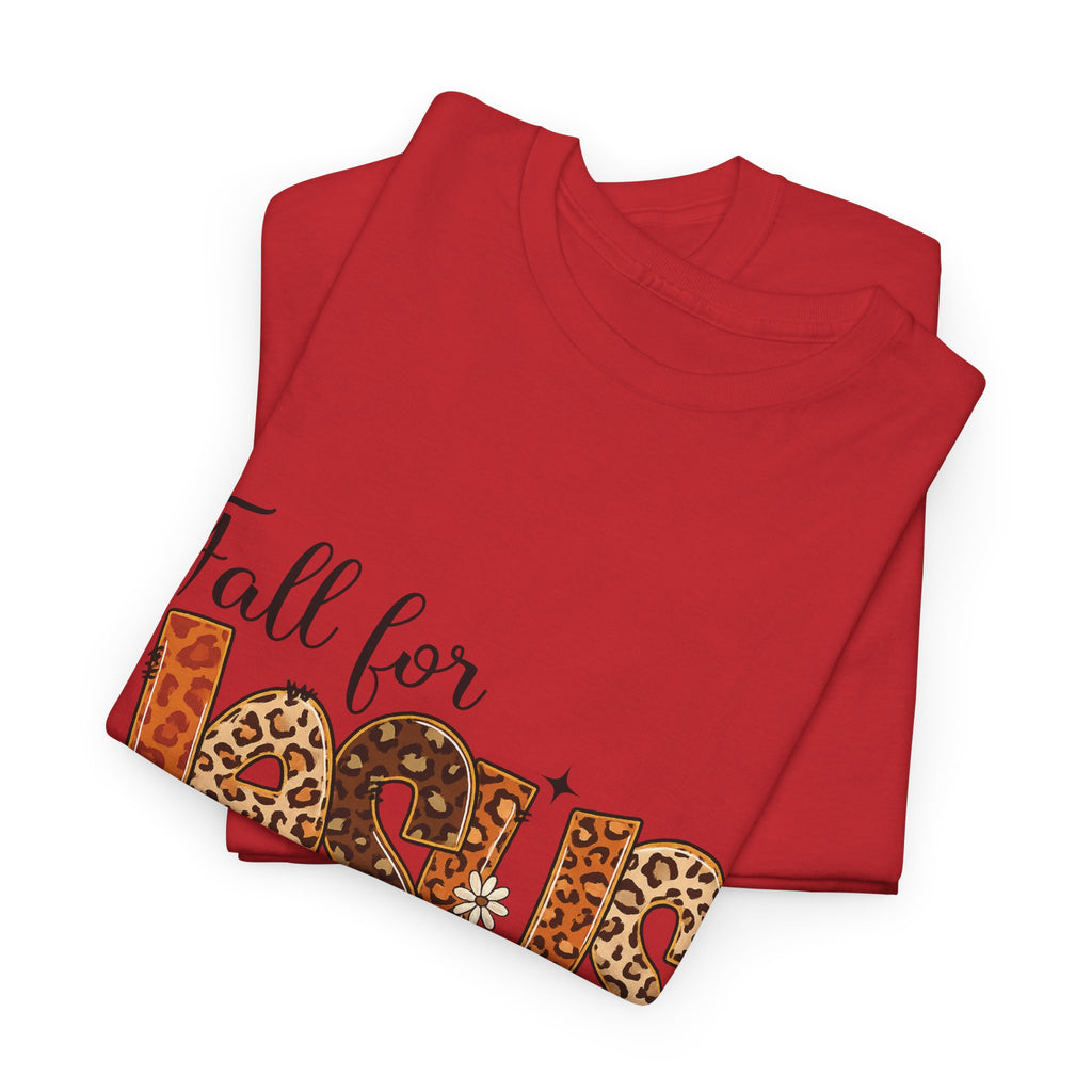 JESUS Leopard Print Fall T-Shirt — Pumpkins, Leaves & Floral Christian Unisex Cotton Tee