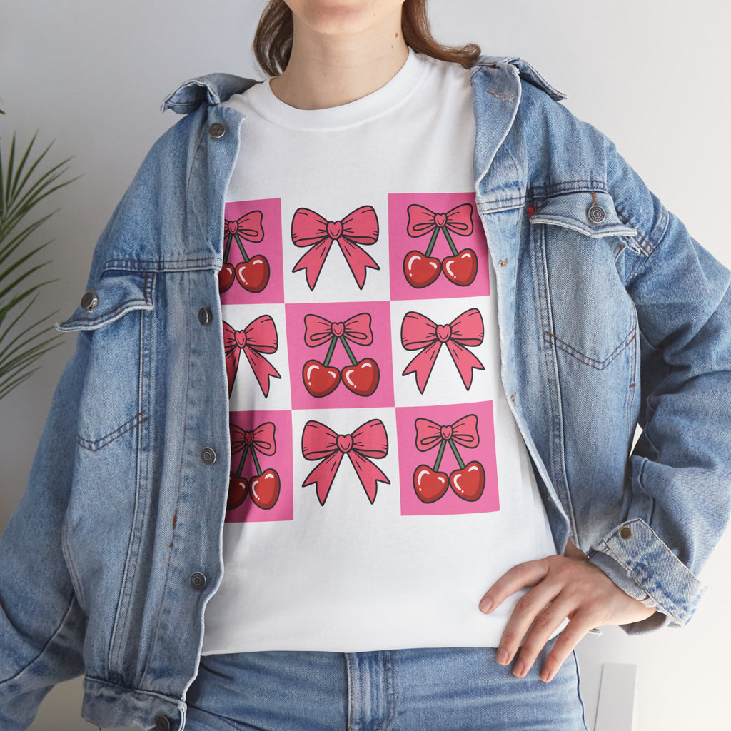 Cherry & Pink Bow Checkered Unisex Cotton Tee