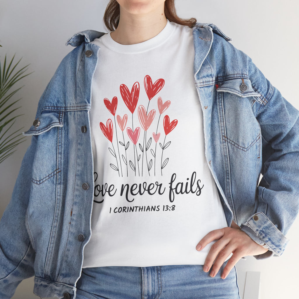 Christian Valentine T-Shirt — "Love Never Fails" (1 Corinthians 13:8) Unisex Cotton Tee