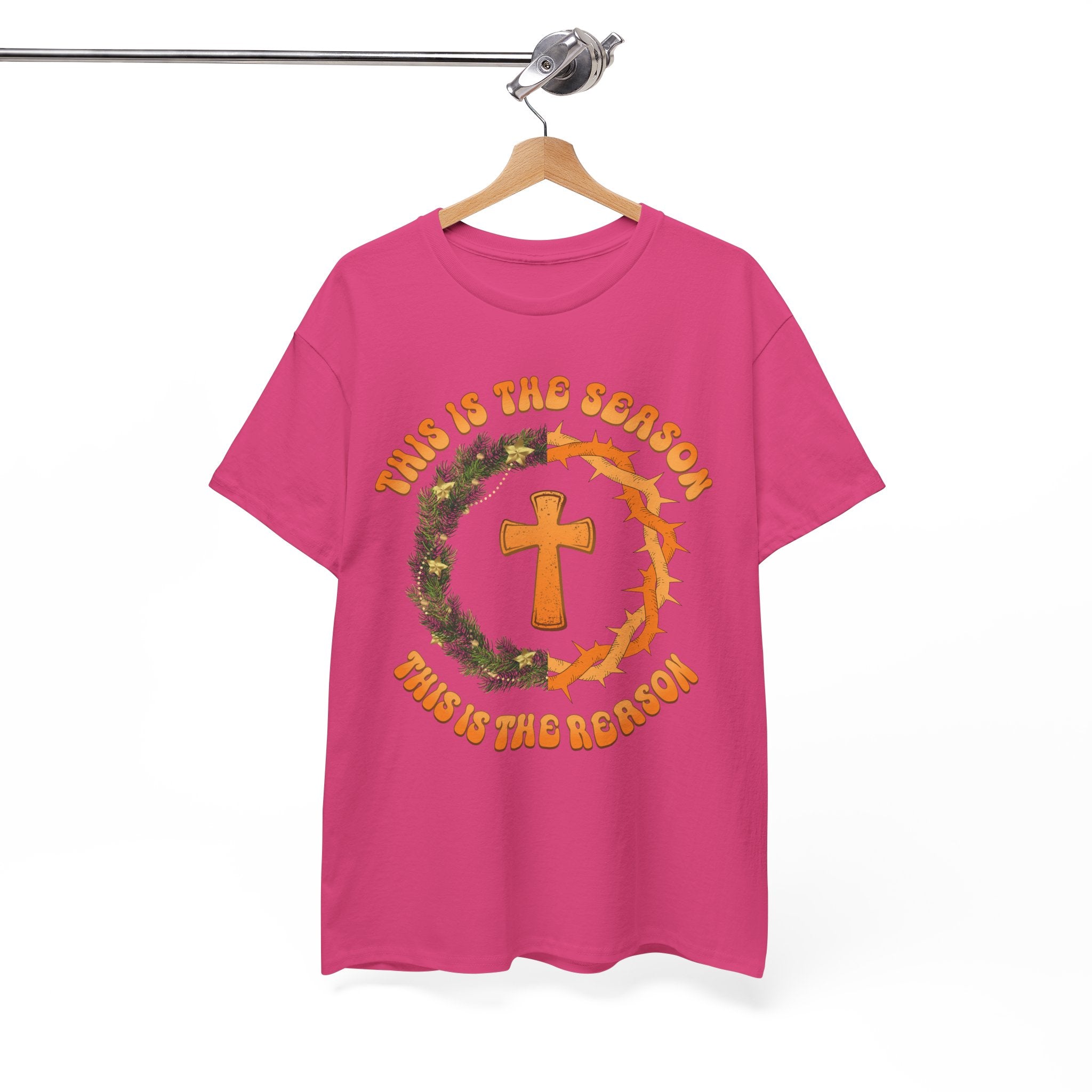 Christian Christmas T-Shirt — "This Is the Season, This Is the Reason" (Cross, Wreath & Crown of Thorns).Unisex Cotton Tee