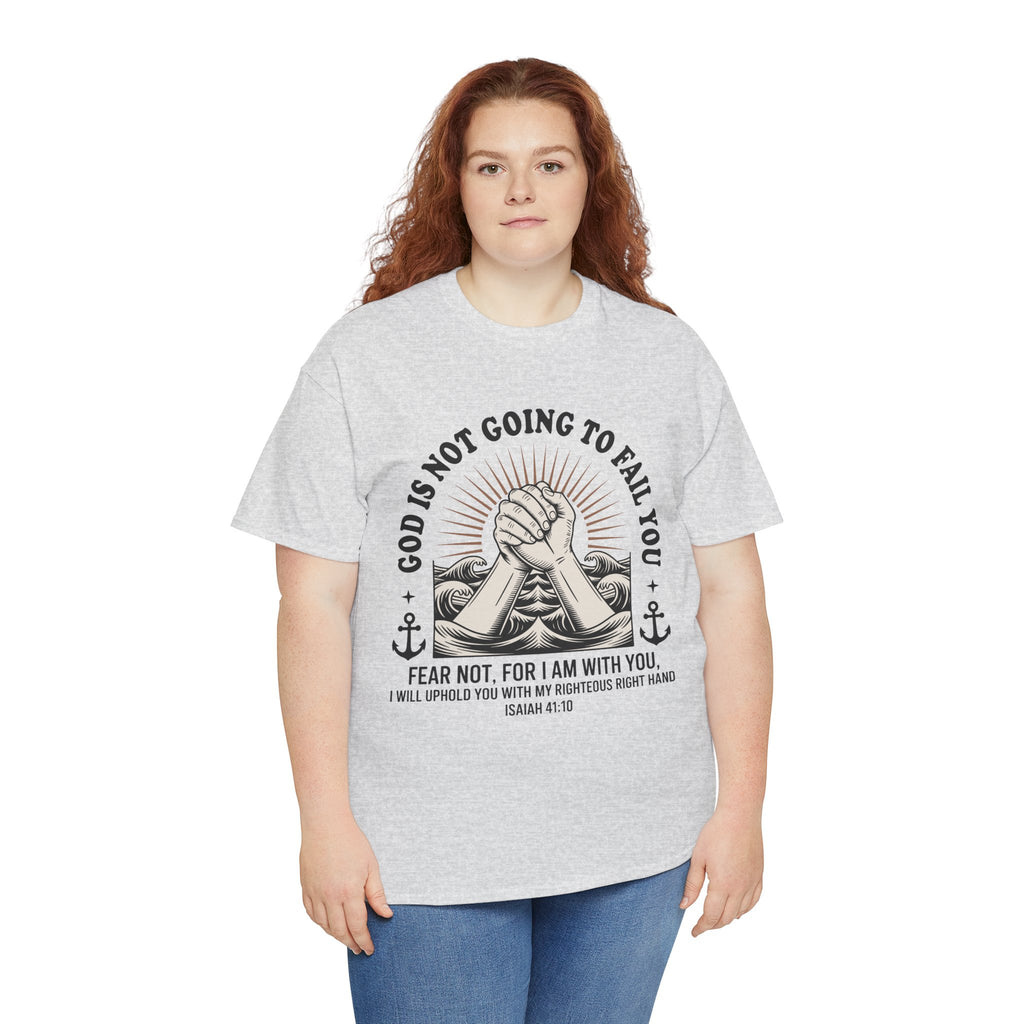 Isaiah 41:10 "Fear Not, For I Am With You" T-Shirt — Clasped Hands Rising from Waves Christian Unisex Cotton Tee