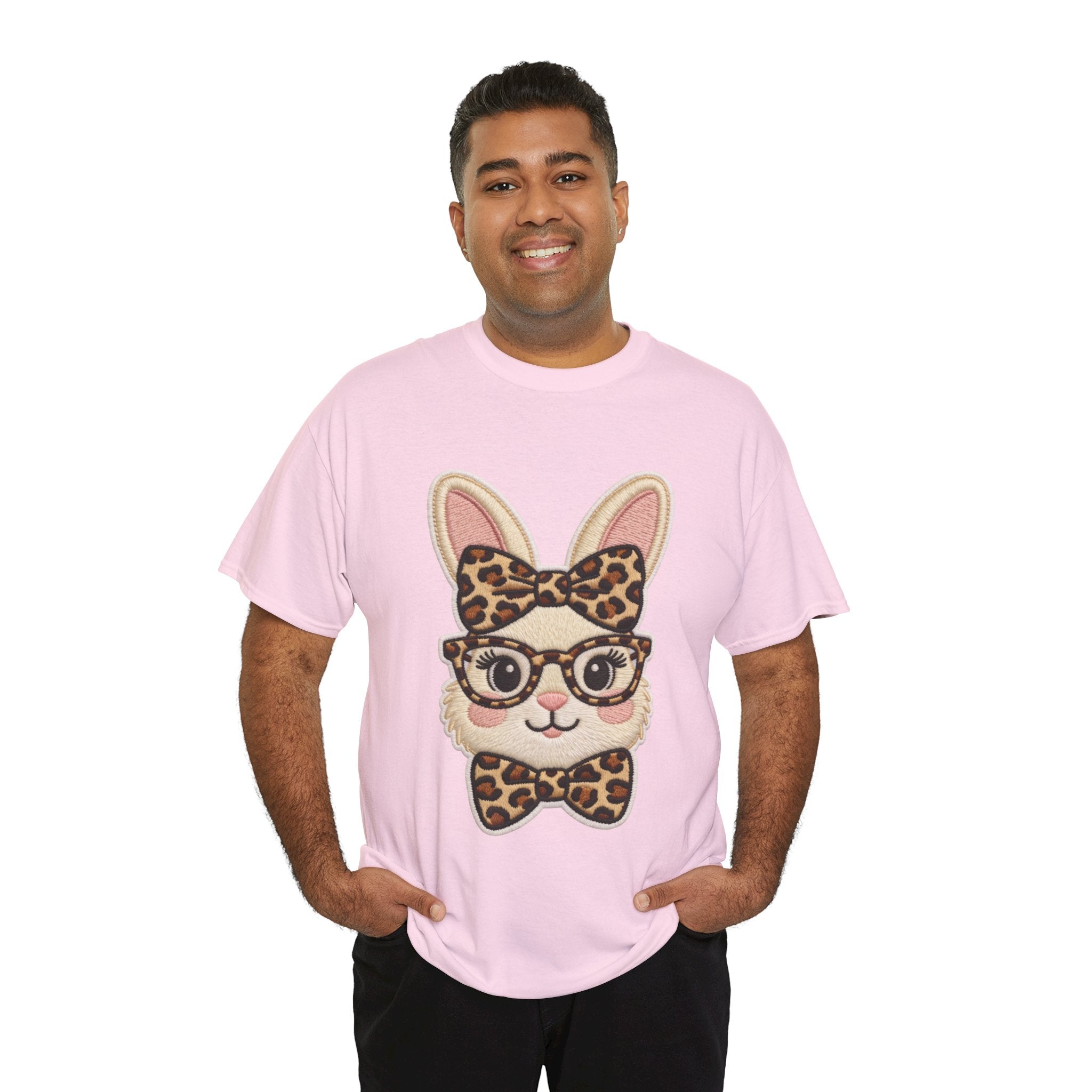 Leopard Bow Bunny Embroidered Tee — Cute Bunny Face with Glasses Patch Unisex Cotton Tee