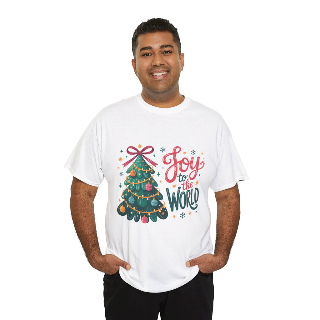 Joy to the World Christmas Tee — Festive Tree with Pink Bow..Unisex Cotton Tee