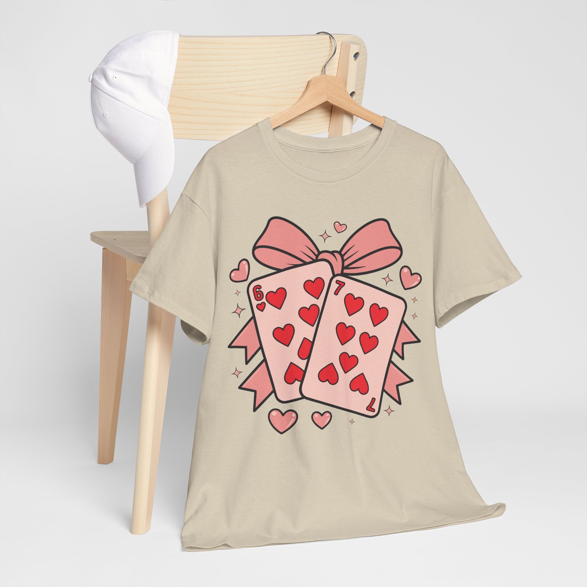 6 & 7 of Hearts T-Shirt — Paired Playing Cards with Pink Bow Unisex Cotton Tee