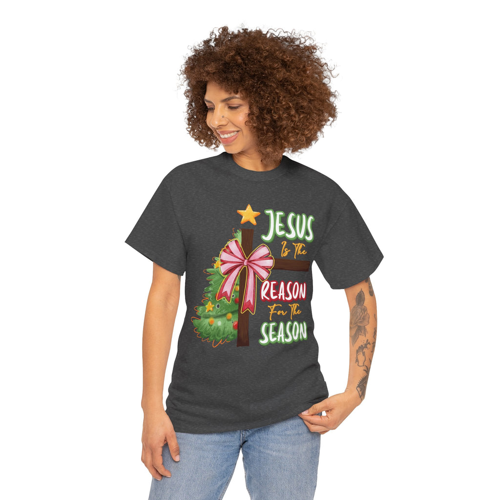 Jesus Is the Reason for the Season Christmas Tee — Cross with Pink Bow & Tree. Unisex Cotton Tee