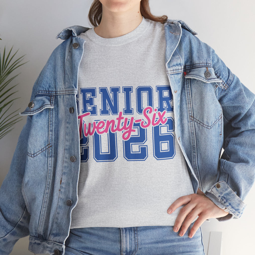 Senior 2026 Tee — Pink Varsity Block with Blue Script Overlay Unisex Cotton Tee