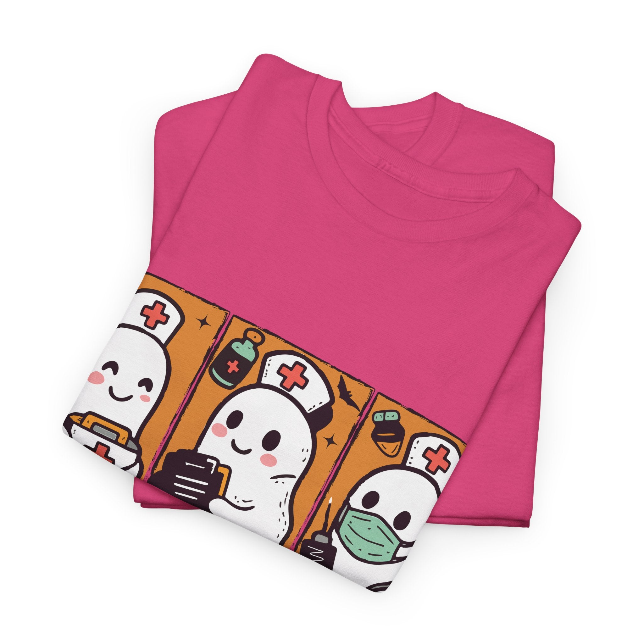 Halloween Nurse T-Shirt — Ghost Nurses Holding Medical Tools on Orange Unisec Cotton Tee