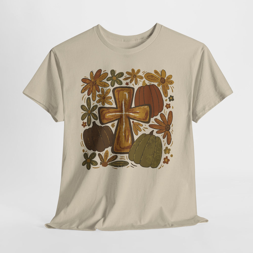 Autumn Cross Tee — Rustic Pumpkin & Fall Floral Christian Unisaex Cotton T-Shirt