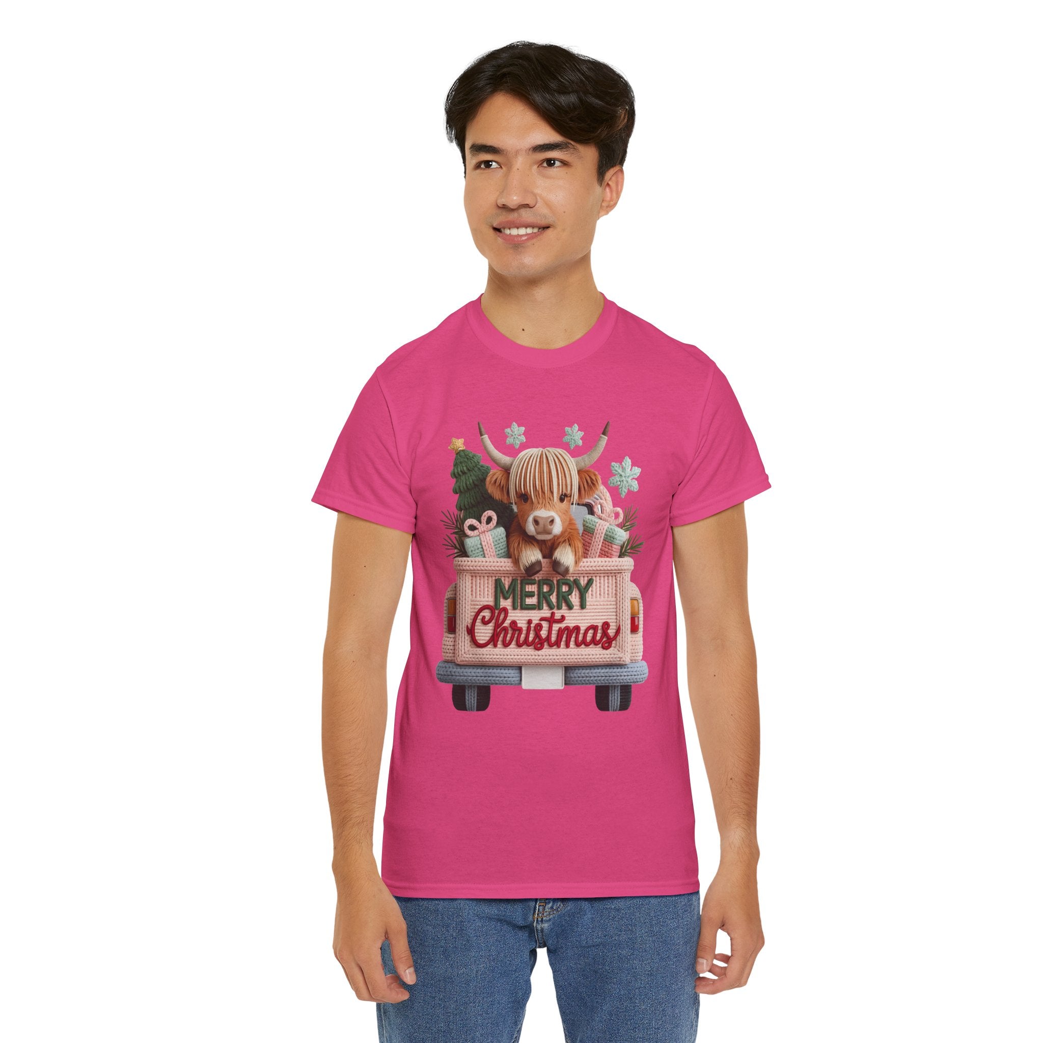 Merry Christmas Highland Cow Knit Truck Unisex Cotton T-Shirt