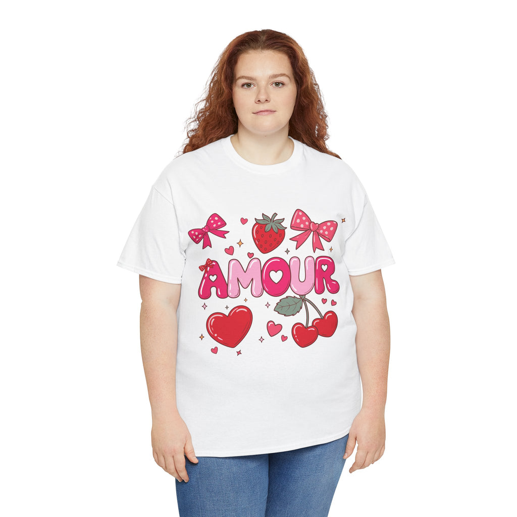 Amour Pink Hearts Tee — Shiny Lettering with Bows, Cherries & Strawberry Accent...Unisex Cotton Tee