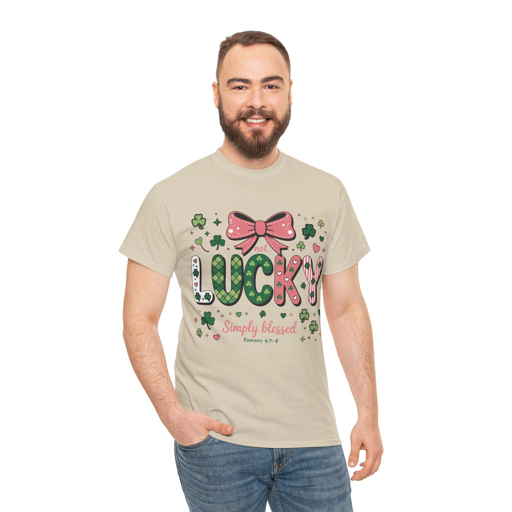 Simply Blessed Tee — “Not Lucky, Simply Blessed” with Pastel Bow, Clovers & Romans 4:7-8 Unisex Cotton Tee