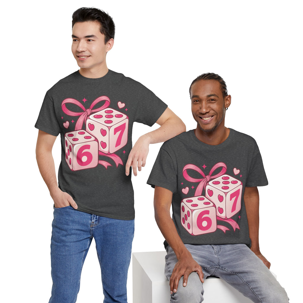 Lucky Love Dice T-Shirt — Pink Heart Dice with Bow..Unisex Cotton Tee