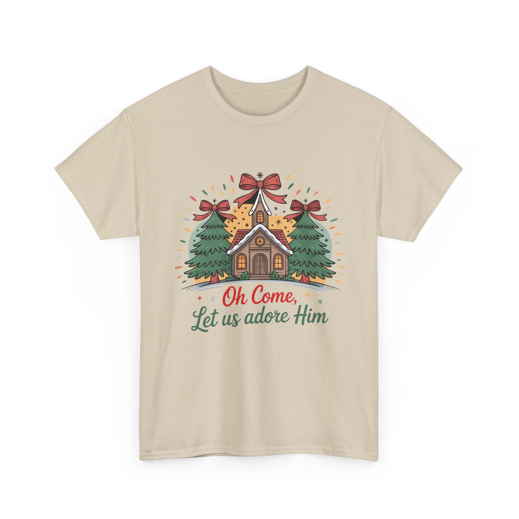 Oh Come Let Us Adore Him Christmas Tee — Church & Trees Holiday Unisex Cotton Tshirt