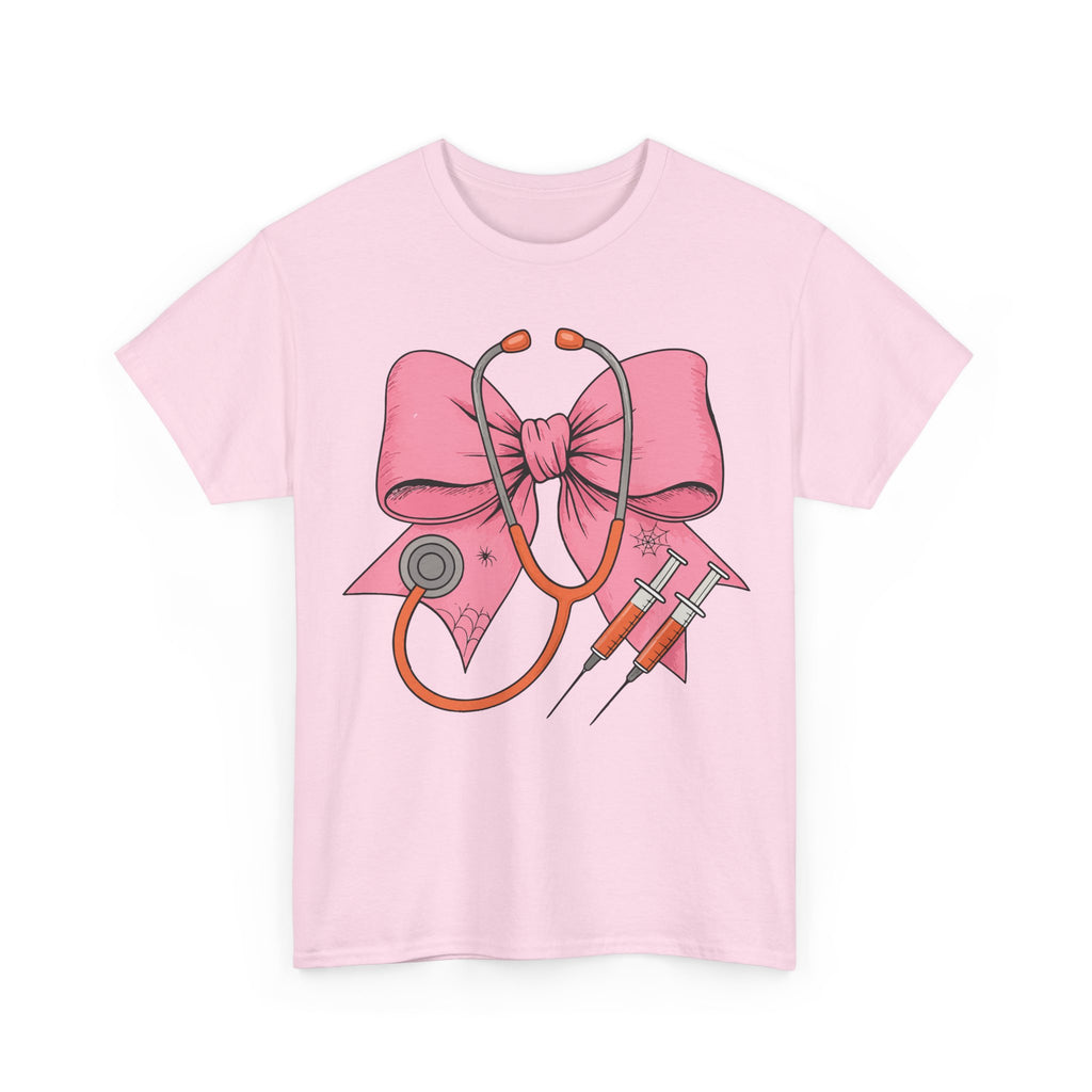 Halloween Nurse T‑Shirt — Pink Nurse Bow with Stethoscope, Syringes & Spider Webs..Unisex Cotton Tee