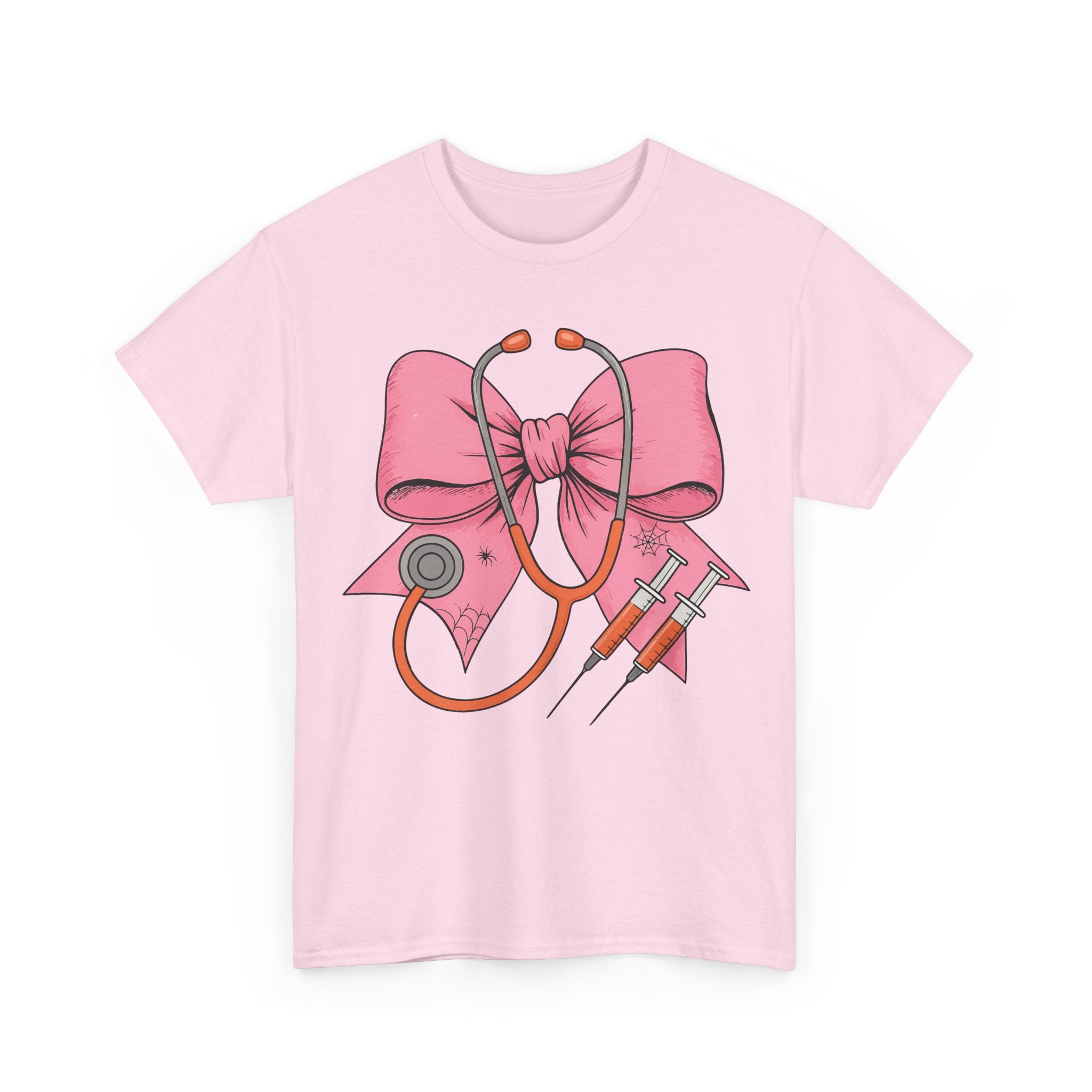 Halloween Nurse T‑Shirt — Pink Nurse Bow with Stethoscope, Syringes & Spider Webs..Unisex Cotton Tee